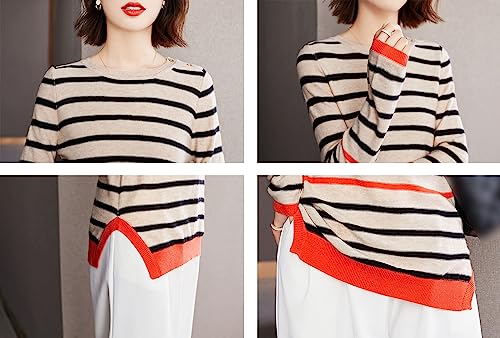 LAI MENG FIVE CATS Blusas femininas de manga longa listradas de malha túnica casual com gola redonda