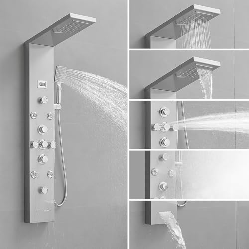 BWE Shower Panel Tower System with Rainfall Waterfall Head and Adjustable Massage Body Jets, Temperature Display Wall Mount Shower Column, Stainless Steel Brushed Nickel and Chrome - Thumbnail 3