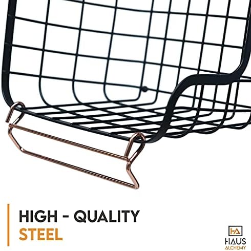 Haus Alchemy Alloy Steel Kitchen Fruit Basket, Stackable Storage Organizer (Black and Gold, 33 x 26 x 19cm) - 2 Pcs