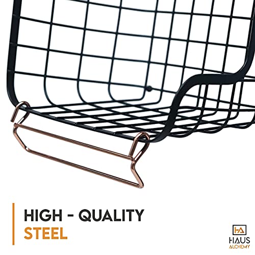 Haus Alchemy Alloy Steel Kitchen Fruit Basket, Stackable Storage Organizer (Black and Gold, 33 x 26 x 19cm) - 2 Pcs