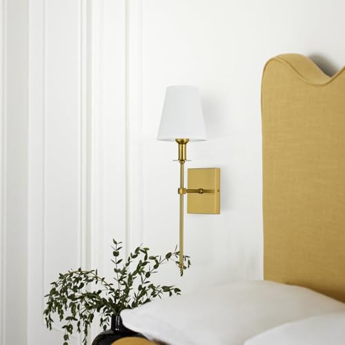 Image of PASSICA DECOR Wall Sconces Set of 2, Hardwired Gold Sconces Wall Lighting, Vintage Wall Lamps with Fabric Shade for Bathroom, Bedroom, Hallway, Living Room