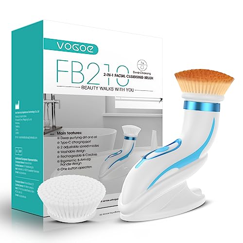 VOGOE Facial Cleansing Brush Electric, Rechargeable Spin Face Brush Waterproof IPX6, Face Wash Brushes with 2 Speeds and 2 Brushes for Deep Cleansing and Gentle Exfoliation FB210 Blue