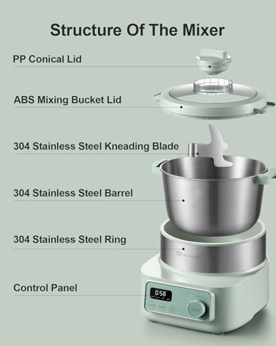 MOKKOM Electric Dough Maker with Proof Dough Function, Microcomputer Timing, 6.34Qt 304 Stainless Steel Bowl, Household Dough Maker Kitchen Flour Kneading Machine, Green
