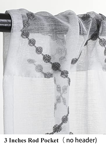 Decohongdi Versatile Semi Sheer Cafe Curtain Pair, Modern Geometrics Grey Embroidered Kitchen Curatins 30 Inches Length, Elegant Farmhouse Window Treatments Rod Pocket 37 W X 30 L In. 2 Pack #TOP3