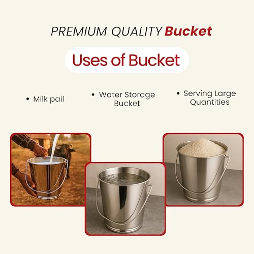 Image of Mintage Stainless Steel Bucket for Bathroom 15.6 litres Capacity | Water Storage Bucket for Kitchen | Balti for Serving | Leak Proof Multipurpose Use | Balti for Home Steel Buckets with Handle