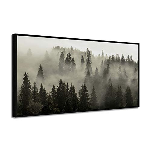 Forest Picture Wall Art Framed: Foggy Landscape Photographic Printed on Canvas with Black Framed for Living Room (48''W x 24''H,Multi-Sized)