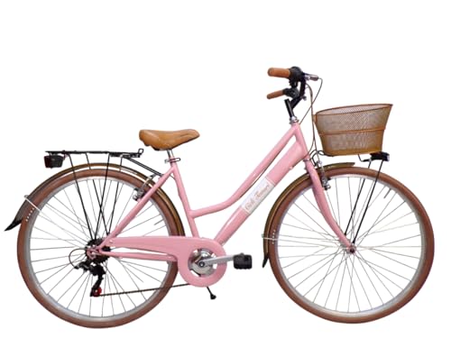 Cicli Tessari - Bicicleta de mujer de paseo de 28 pulgadas con cambio vintage retro y cesta delantera (rosa)
