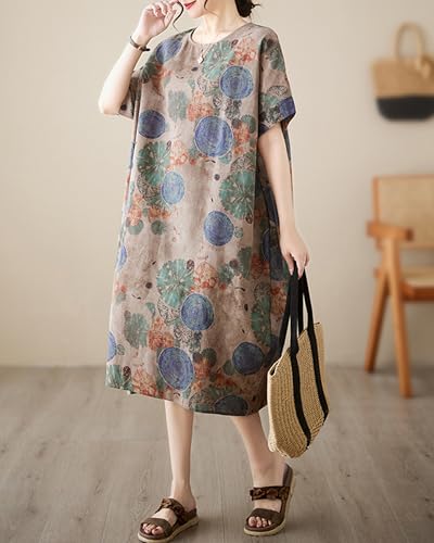 Image of LUZU JUNU Women's Summer Baggy Plus Size Loose Cotton Linen Long Boho Beach Dress with Pockets