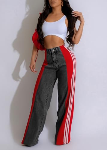 Nihsatin Women's Two Tone Jeans Wide Leg High Waisted Stretchy Buttoned Denim Pants2