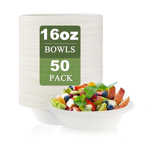 WGCC Paper Bowls Disposable 16 oz-50 Pack Heavy Duty Compostable Paper Bowls, Biodegradable Paper Bowls Made of Natural Sugarcane Fibers,Eco-Friendly Bowls for Salad, Soup, Dessert, Cereals, Snacks