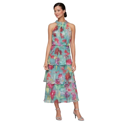 Image of S.L. Fashions Women's Chiffon Midi Tiered Sleeveless Wedding Guest Dress W /Beaded Halter Neckline (Petite and Regular Sizes)