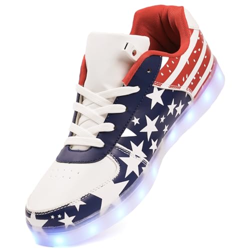 PYYIQI LED Light Up Shoes 4th of July Patriotic Red White Blue USB Rechargeable Glowing Sneakers for Independence Day Party Flag 37