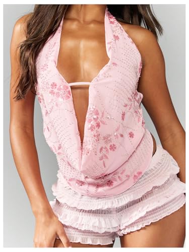 Milumia Women's Floral Sequin Draped Front Halter Top Sexy Tie Backless Asymmetrical Hem Tops4