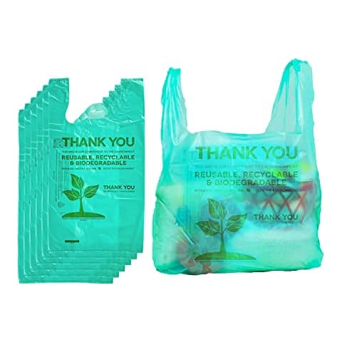 C&S Event Supply Co. 100 Pack Green Eco Bag, Plastic Grocery Bags with Handles, Plastic Shopping Bags for Groceries, Biodegradable Plastic Bags Bulk, T Shirt Bags, Thank You Bags, Produce Bags Cover