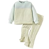 HINTINA 5T Toddler Little Girl Fall Winter Knit Outfits Size 5/6 Puff Long Sleeve Striped Color Block Top Sweatsuit Slit Pant Trendy Clothes Set Fashion Spring Clothing, 5-6 Years, Light Green