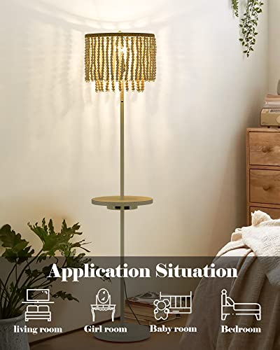 Elyona Boho Floor Lamp With Table, Birch Wood Beaded Standing Light With Usb Type-C Charging Ports And Outlet thumb #1