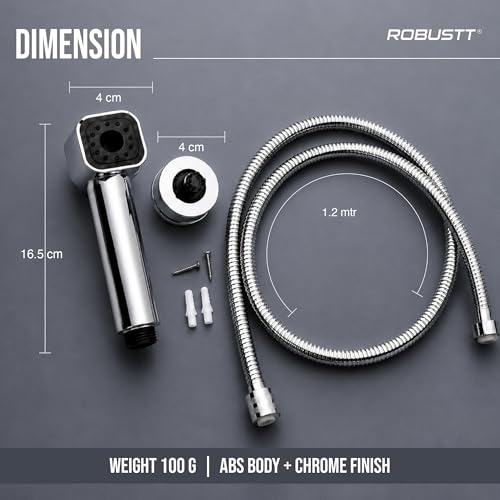 Image of Robustt Health Faucet for Toilet with 1.2m Hose (304 SS) with Adhesive Wall Mount Holder |2 Flow Modes | Jet Spray Pipe for Toilet with Stream & Rain Settings - Chrome Finish Bathroom Faucet