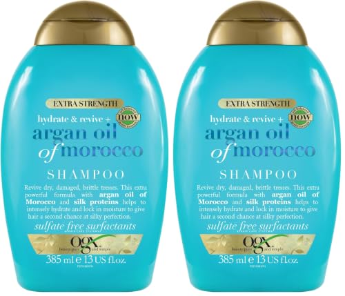 OGX Extra Strength Hydrate and Revive Argan Oil of Morocco Shampoo (385 ml), champú con aceite de argán de Marruecos, champú sin sulfatos ni parabenos para cabello seco y dañado (Paquete de 2)