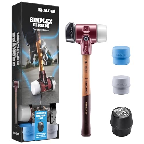 HALDER-Plusbox Starterkit, SIMPLEX-Schonhammer D60, Gummikomposition mit Standfuß/Superplastik sowie je ein TPE-soft und TPE-mid Schlageinsatz plus Flaschenöffner | 3027s026