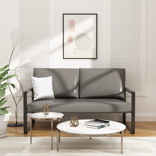 AWQM Faux Leather Sofa,Mid-Century Loveseat Sofa,2 Seat Couch,Classic Sofa Upholstered with Removable Back/Seat Cushion,Armchair/Lounge Chair for Living Room,Office and So on,Grey - Thumbnail 4