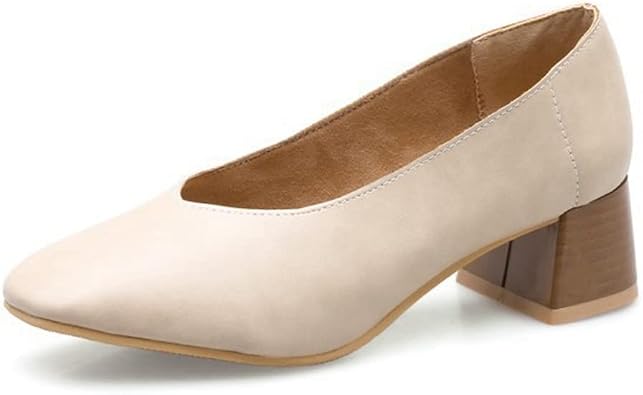 MIOKE Womens Square Toe Dress Pump Loafers Slip-On Leather Comfy Chunky Mid Heel Casual Work Office Shoes