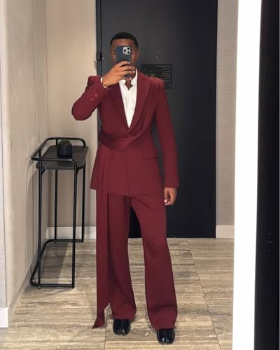 Fashion Mens Suit with Belt for Men 2 Piece Blazer Pants Peak Lapel Tuxedo Single Breasted Jacket Trousers for Party2