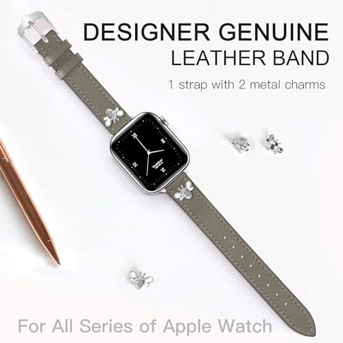 Image of JR.DM Slim Leather Bands Compatible with Apple Watch Band 38mm 40mm 41mm 42mm 44mm 45mm 46mm 49mm, Genuine Leather Band with Charms, Feminine Design for Iwatch Ultra SE Series 11 10 9 8 7 6 5 4 3 2 1