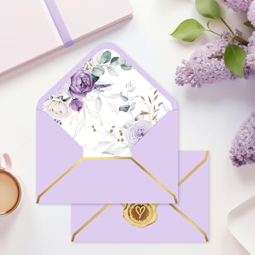 Enveloppes d'invitation motif floral violet de qualité supérieure, rabat en V - 50 pièces