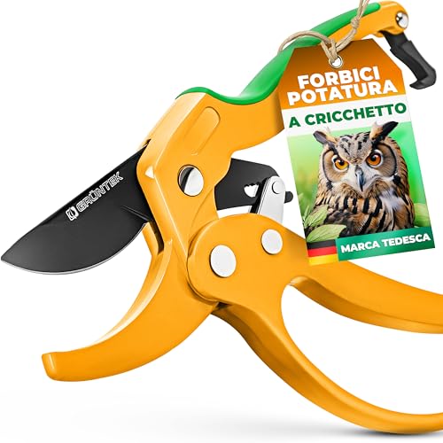 GRÜNTEK Forbici Cesoie da Potatura a Cricchetto Automatico Gialle Giardinaggio Professionali 20.5 cm GUFO