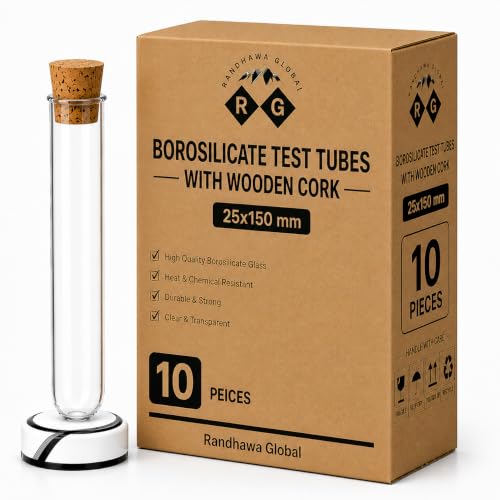 Image of RG- Size 25 x150 mm., Round Base Test Tubes Without Marking with Cork Lid, Borosilicate Glass, Rimmed, Consistent Wall Thickness, Pack of 10