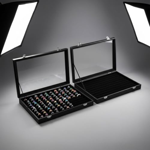 Elsjoy 2 Pack 100 Slots Ring Organizer Box with Transparent Glass Lid, Large Ring Display Case Black Velvet Ring Holder Tray, Ring Jewelry Showcase Display Box - Image 7