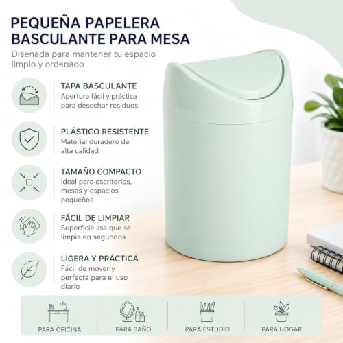 Miniatura 3 de Cablepelado Papelera Basculante Plástico Para Mesa, Mini Basurero De Mesa, Cubo De Basura Para Escritorio, Papelera De Oficina Pequeña, Papelera De Plástico Con Tapa Basculante, 1.4 Litros, Verde