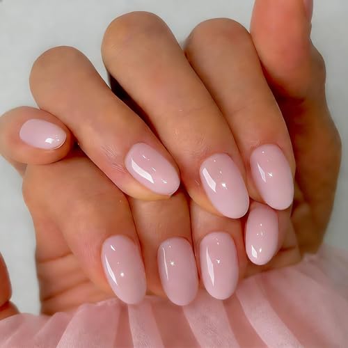 SXVME Soft Gel Press On Nails Short, 32 Pcs 16 Sizes Sheer Pale Pink Short Fake Nails Press ons Oval, Reusable Glue On Nails with Glue, Natural Almond Stick On Nail for Women Everyday Elegance