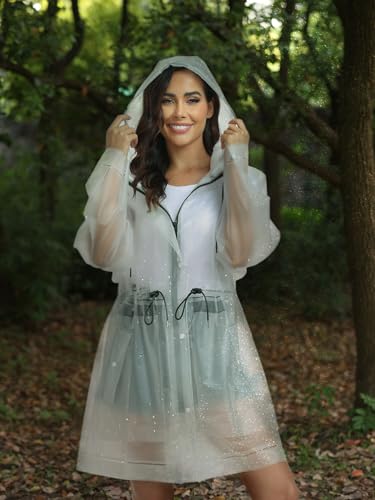 L-Rain TPU Clear Rain Coat for Women - Waterproof Packable Fashion Rain Poncho with Hood Reusable Raincoat-Zipper White-L, Large — view 4