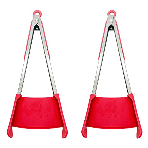 2 In 1 Kitchen Spatula & Tongs Non-Stick,Stainless Steel Frame,Heat Resistant,Silicone & Dishwasher Safe,2 Pack (Red) #TOP1