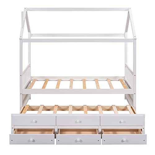 Moeo Twin Size House Bed With Trundle And 3 Storage Drawers, Wood Captain's Daybed Fram For Bedroom/Kids, No Spring Box Required - White #TOP3