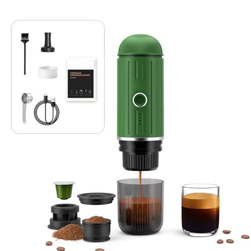 Portable Espresso Machine Rechargeable Electric 12V One Click Heater Automatic Coffee Maker Compatible with NS Capsules and Ground Coffee for Camping Travel Home (Green)
