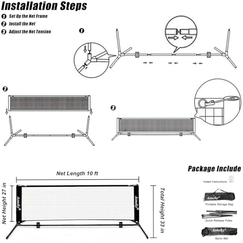 Aoneky Tennis Kit 3M x83cm, Metallrahmenständer und Stark PE-Tennisnetz | Tragbares Pickleball Tennisnetz mit Aufbewahrungstasche für Garten Strand Pool