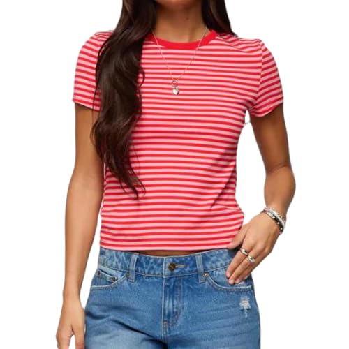 Women Y2K Striped T-Shirt Short Sleeve Crew Neck Crop Top Basic Baby Tees Vintage Going Out Crop Shirt Streetwear (Red, M)