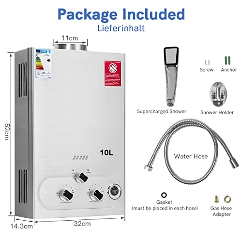 Fulgutonit 10L Gasdurchlauferhitzer mit Druckdusche,LPG Propan Butan Gas Durchlauferhitzer Passend für Zuhause,Wohnmobil und im Freien