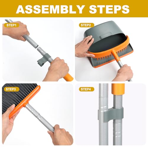 Dirty Fox Besen- und Kehrschaufel-Set mit 137,2 cm langem Griff – perfekte Kehrschaufel und Bürste für eine effiziente Reinigung zu Hause (Orange und Grau)
