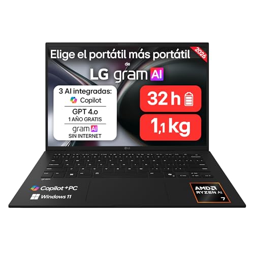LG gram 14Z95U-G.AU85BN - Ordenador Portátil Ultraligero de 14' Ryzen AI 7 450, 3 GB RAM, 1 TB SSD, AMD Radeon Graphics, IPS Antirreflejo, 1120g, 32 h, Windows 11, Teclado ES, Negro carbón