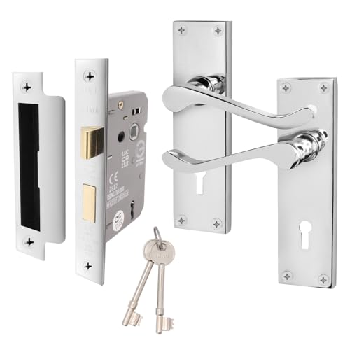EAI Polished Chrome Victorian Scroll Door Handle Key Lock Set | 1 Pair of Internal Lever Handles on Backplate with Sash Lock (64mm) & Keys