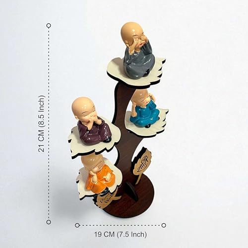 Image of Precious Art Gifts Buddha Monk Under Tree Showpiece Set of 4 for Home Decor | Monk Tree Statue with Wooden Stand | Meditation Buddha Figurines | Spiritual Gift & Office Table Decor