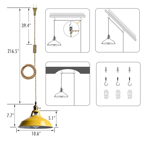 Image of YUBOLE Nordic Plug in Hanging Pendant Light with Yellow Metal Barn Shade