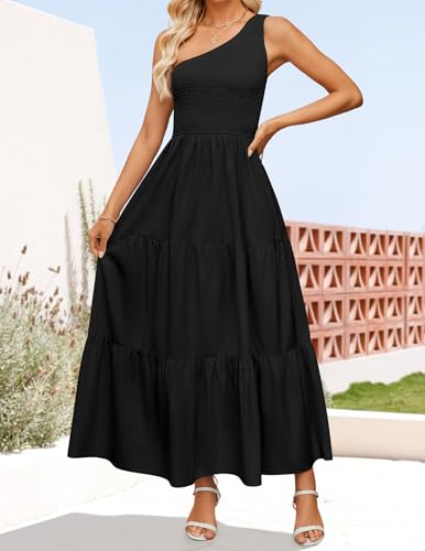 Image of ZESICA Women's 2026 Bohemian Summer Floral Print One Shoulder Sleeveless Smocked Ruffle Tiered Beach Long Midi Dress