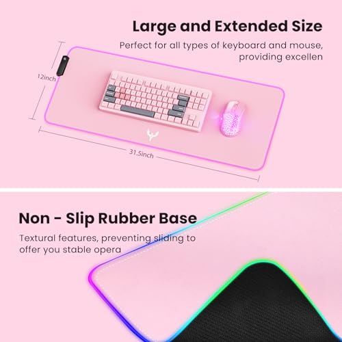 Image of BladeHawks RGB Gaming Mouse Pad Extra Large Extended 31.5x12 Inch-Pink | LED mouse pad with 14 lighting modes, covers keyboard & mouse, anti-slip rubber base, waterproof surface, USB powered