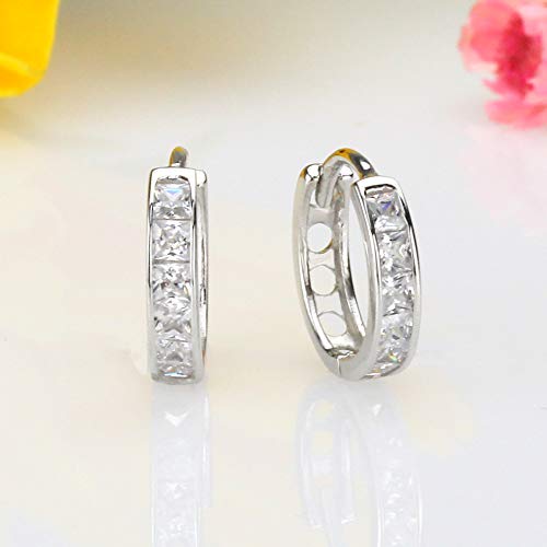 Solid 14K White Gold Earrings Princess Cut Cubic Zirconia Channel Set Huggie Hoop Earrings #TOP1