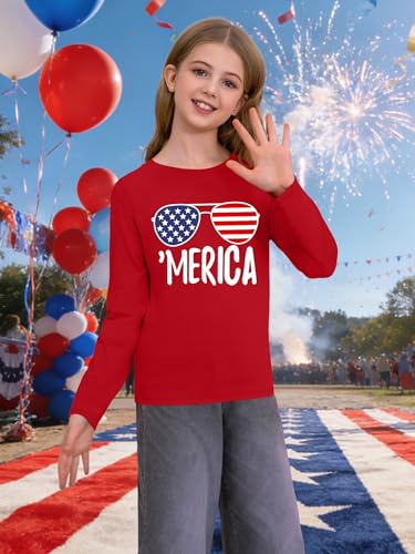 Image of Ithalt 4th of July Outfit Kids Girls American T Shirt USA T-Shirt Fourth of July Tops Patriotic Long Sleeve Tops