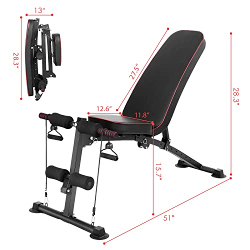 Increkid Adjustable Weight Bench, Multi-Function Folding Exercise Bench, Home Gym Bench Press Dumbbells Bench, Strength Training Bench for Full-Body Workout, w/Resistance Ropes, Black, 700lbs Capacity